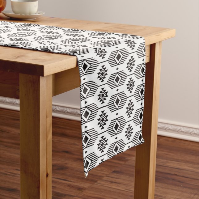 Black and white ethnic ikat geometric pattern long table runner (In Situ)