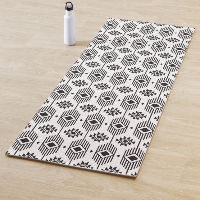 Black and white ethnic ikat geometric pattern yoga mat (In Situ)