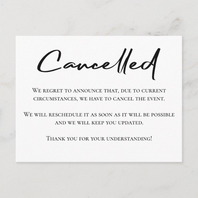 Black and white event cancellation announcement postcard (Front)
