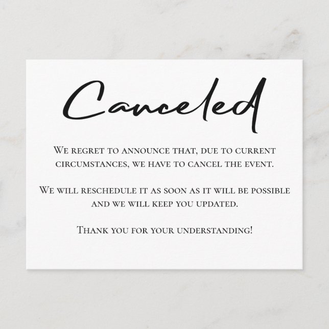 Black and white event cancelled announcement postcard (Front)