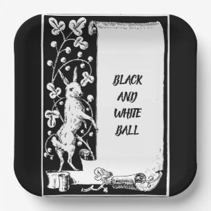 Black and white event rabbit with scroll paper plate
