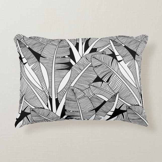 Black and white exotic plant and palm tree botanic accent pillow (Front)