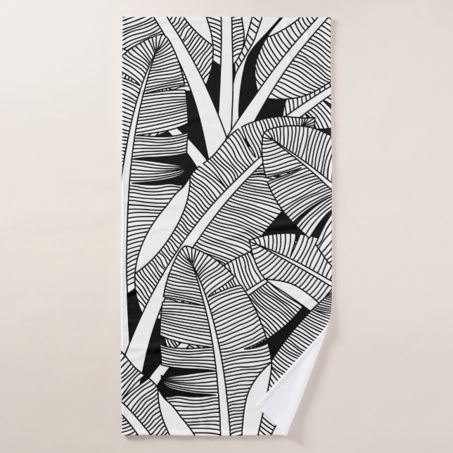Black and white exotic plant and palm tree botanic bath towel (Bath Towel)
