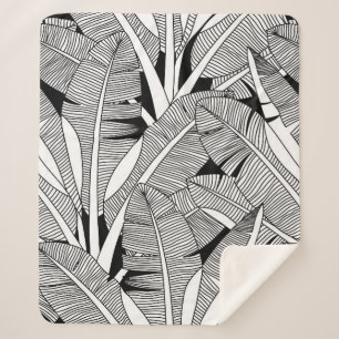 Black and white exotic plant and palm tree botanic sherpa blanket