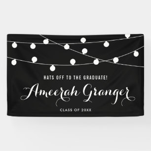 Black and White Fairy String Lights Graduation Banner