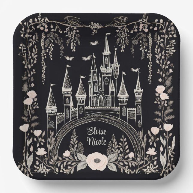 Black and White Fairytale Castle Illustration Paper Plate (Front)
