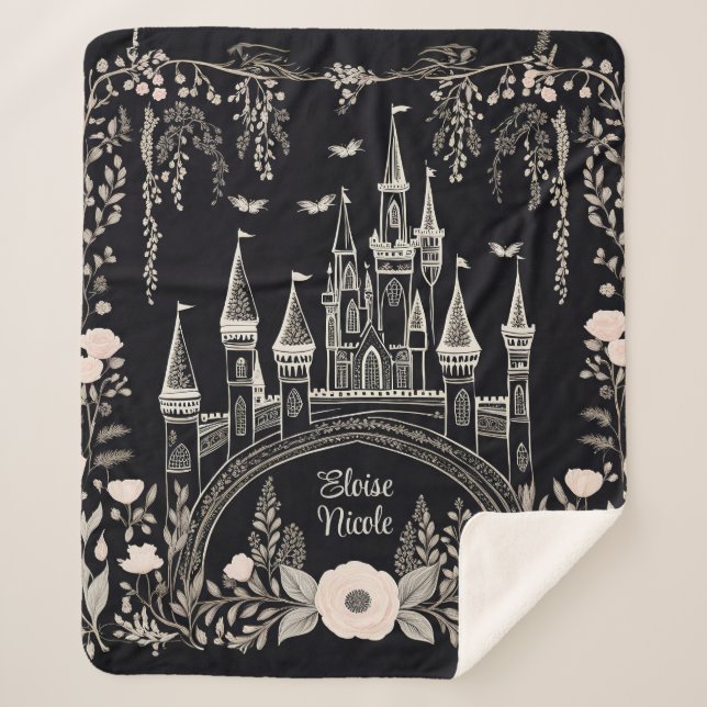 Black and White Fairytale Castle Illustration Sherpa Blanket (Front)