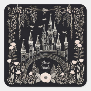 Black and White Fairytale Castle Illustration Square Sticker