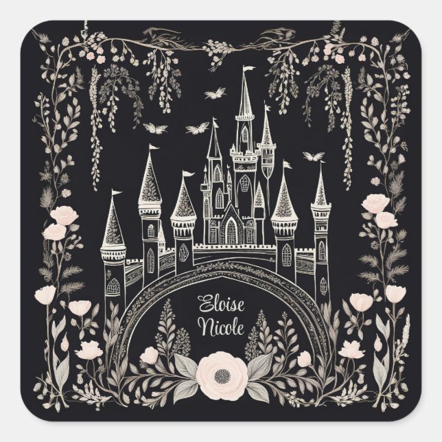 Black and White Fairytale Castle Illustration Square Sticker (Front)