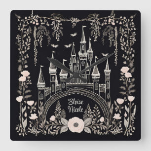 Black and White Fairytale Castle Illustration Square Wall Clock