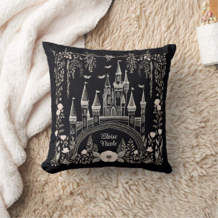 Black and White Fairytale Castle Illustration Throw Pillow