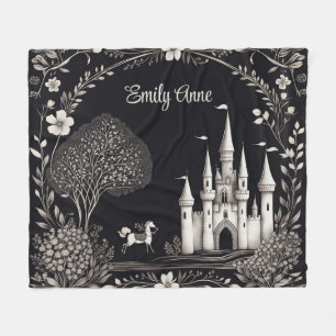 Black and White Fairytale Castle with Horse Fleece Blanket