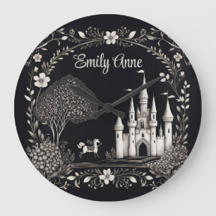 Black and White Fairytale Castle with Horse Large Clock