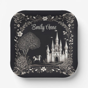 Black and White Fairytale Castle with Horse Paper Plate