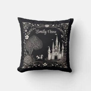 Black and White Fairytale Castle with Horse Throw Pillow