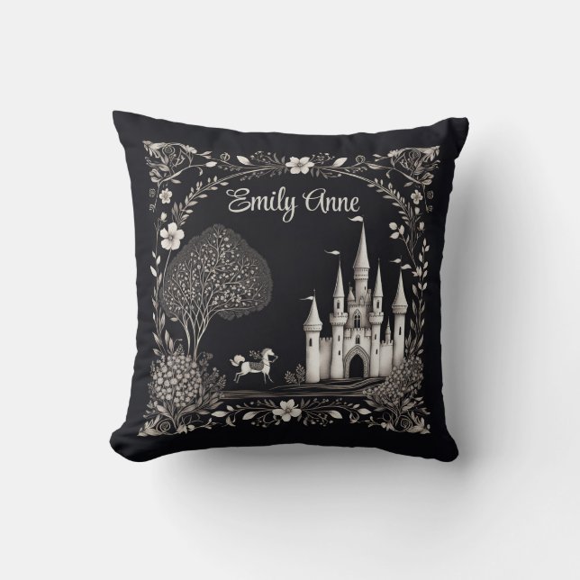 Black and White Fairytale Castle with Horse Throw Pillow (Front)