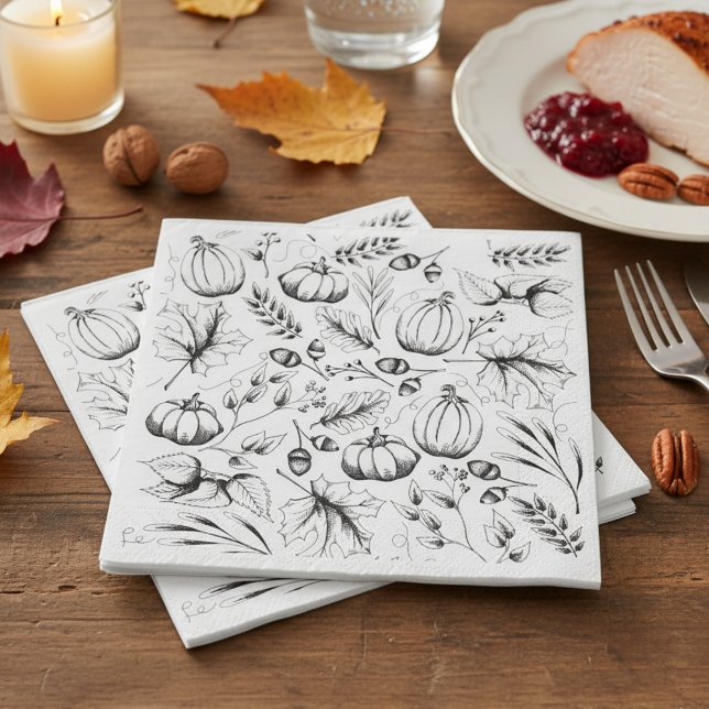 Black and White Fall Pattern Thanksgiving Party Napkin (Elegant Fall Napkins Rustic Fall Harvest Pattern. Modern Black & White Pumpkin Autumn Leaves Berries)