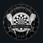 Black and White Family Custom Name Wedding Dartboard<br><div class="desc">Celebrate your special day with the Black and White Family Custom Name Wedding Dart Board. Featuring a timeless monochrome design, this dartboard can be personalized with the couple's last name, making it a unique keepsake or playful wedding gift. Perfect for adding charm to your home or for entertaining guests, this...</div>