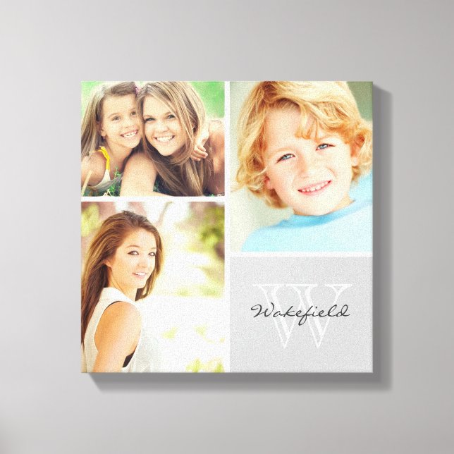Black and White Family Monogram Photo Collage Canvas Print (Front)