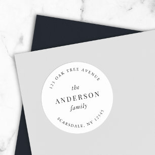 Black and White Family Name Return Address Modern Classic Round Sticker