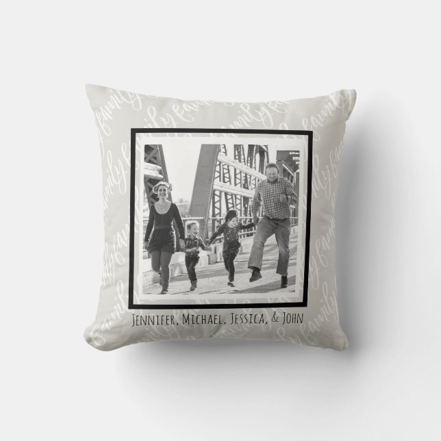 Black and White Family Photo and Names Throw Pillow (Front)