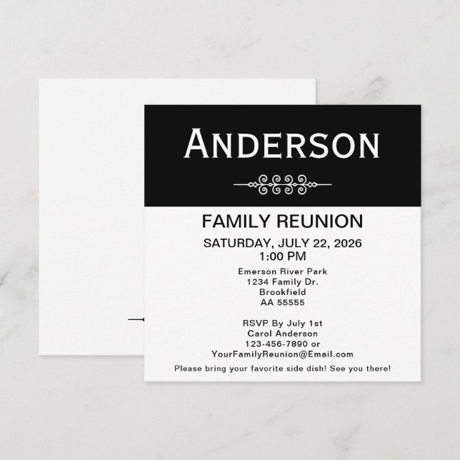 Black and White Family Reunion Square Simple  Invitation (Front/Back)