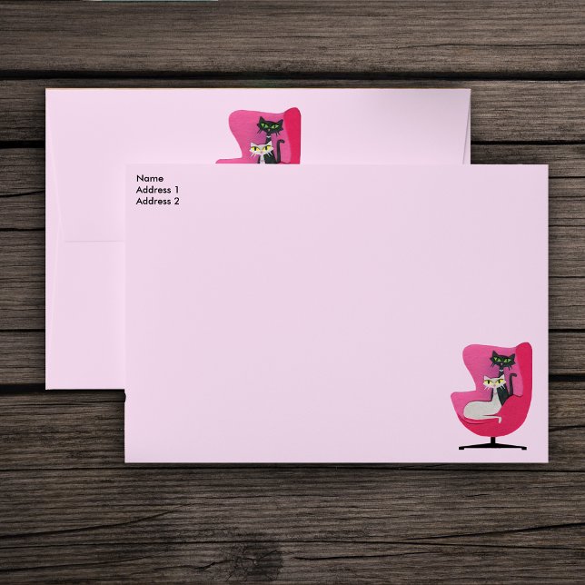 Black and White Fancy Mid Century Cats Chair Pink Envelope (Mid century style black and white cats in pink chair on light pink mailing envelopes.)