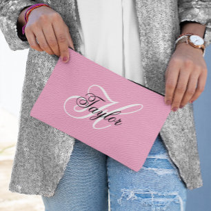 Black and White Fancy Monogram Pink Accessory Pouch