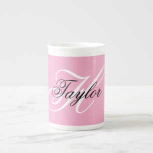 Black and White Fancy Monogram Pink Bone China Mug