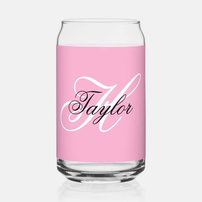 Black and White Fancy Monogram Pink Can Glass (Front)