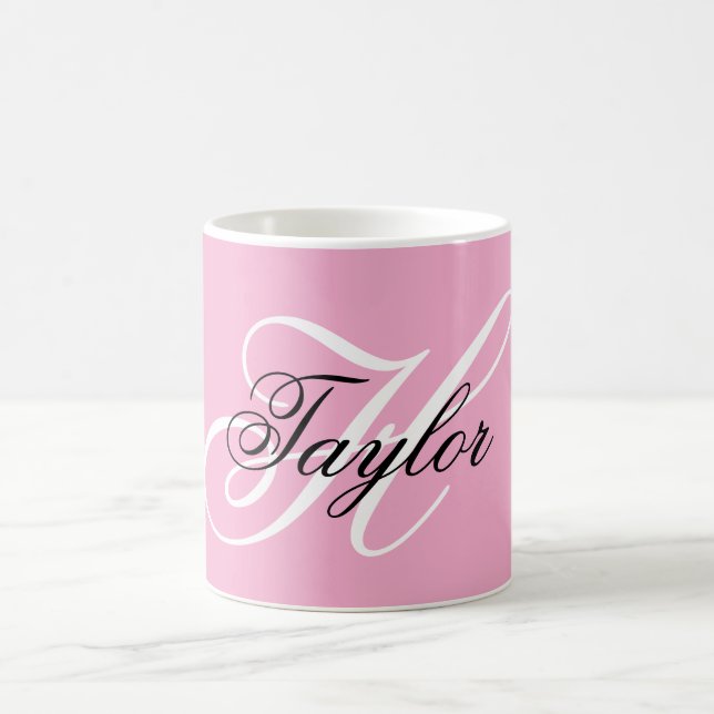 Black and White Fancy Monogram Pink Coffee Mug (Center)