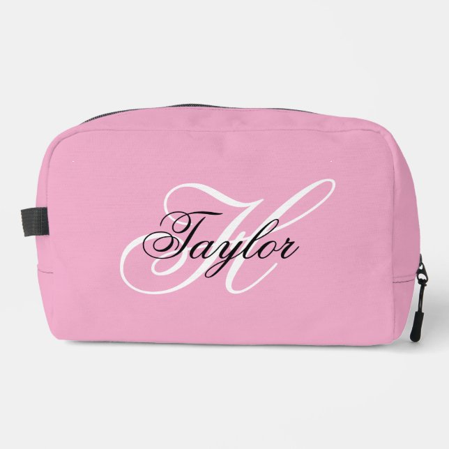 Black and White Fancy Monogram Pink Dopp Kit (Front)
