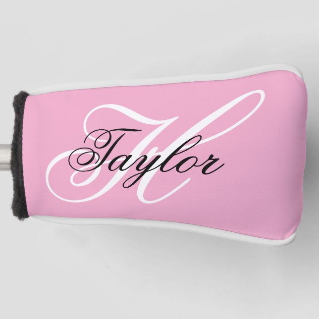 Black and White Fancy Monogram Pink Golf Head Cover (Front)