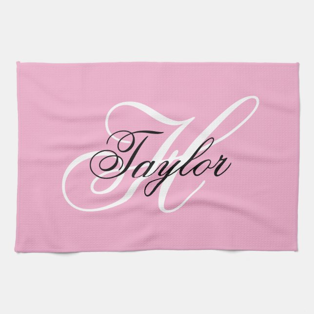 Black and White Fancy Monogram Pink Kitchen Towel (Horizontal)