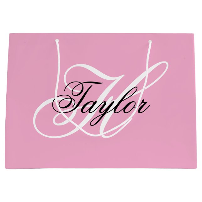 Black and White Fancy Monogram Pink Large Gift Bag (Front)
