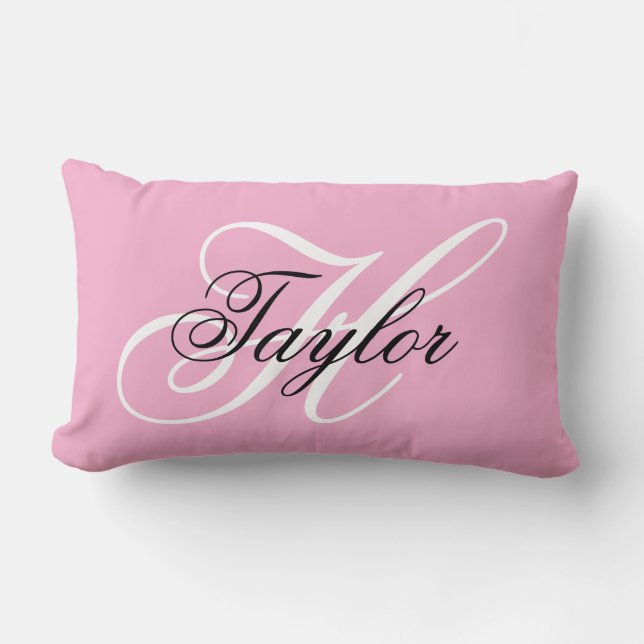 Black and White Fancy Monogram Pink Lumbar Pillow (Front)