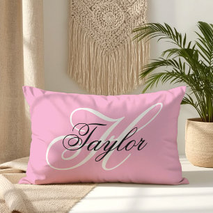 Black and White Fancy Monogram Pink Lumbar Pillow