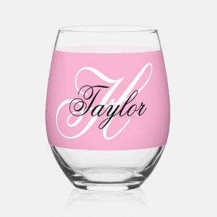 Black and White Fancy Monogram Pink Stemless Wine Glass