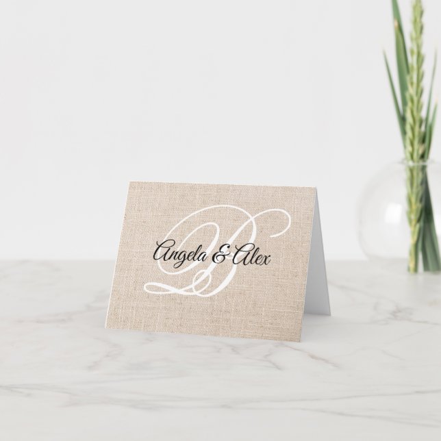 Black and White Fancy Monogram Rustic Linen Thank You Card (Front)
