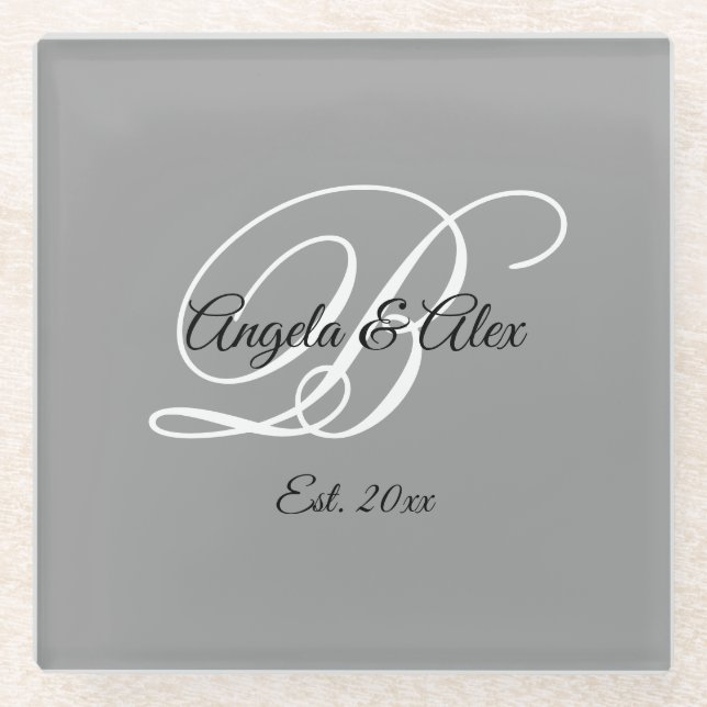 Black and White Fancy Script Monogram Grey Glass Coaster (Front)