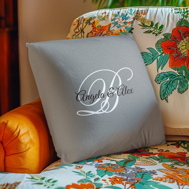 Black and White Fancy Script Monogram Grey Throw Pillow (Black and White Fancy Script Monogram Gray Throw Pillow)