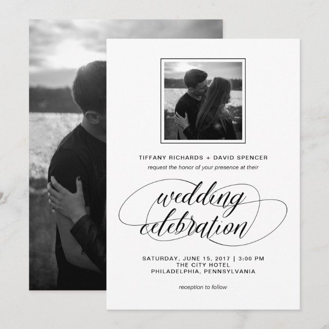 Black and White Fancy Script Wedding Photo Invitation (Front/Back)