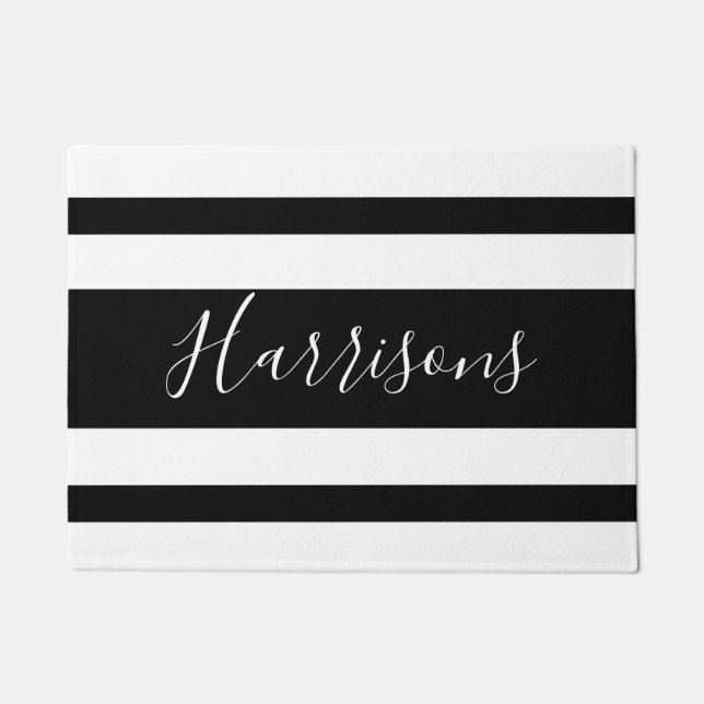 Black and White Fancy Stripes Family Welcome Doormat (Front)