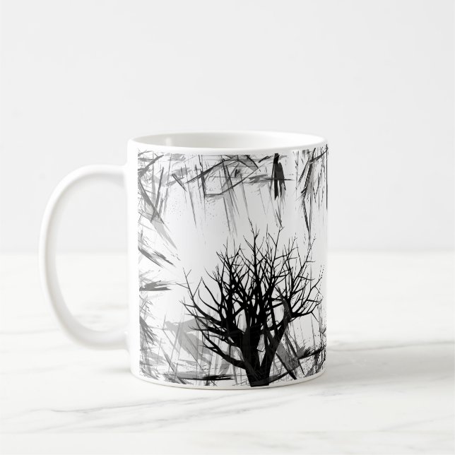 Black and White Fantasy Forest trees silhouette Coffee Mug (Left)