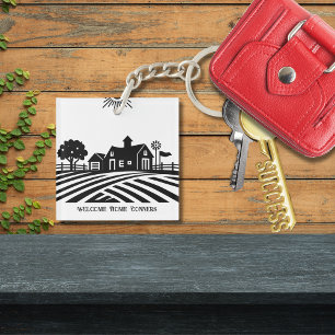 Black and White Farmhouse Scene Housewarming Gift Keychain