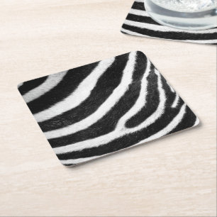black and white faux fur stripes Zebra Print Square Paper Coaster