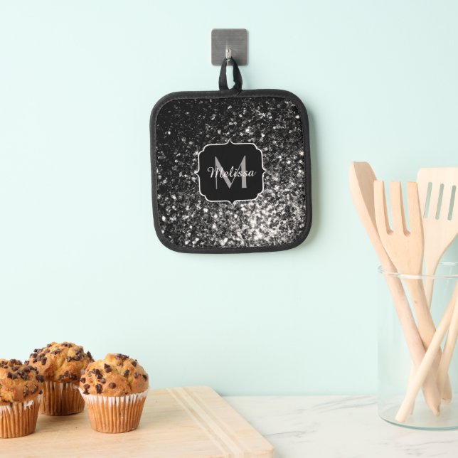 Black and White faux glitter sparkles Monogram Pot Holder (Insitu(Hanging))
