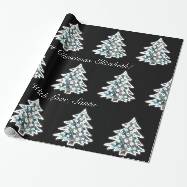 Black and White Faux Glow Christmas Tree Pattern Wrapping Paper (Unrolled)
