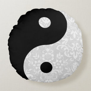 Black and White Faux Lace Yin Yang Round Pillow