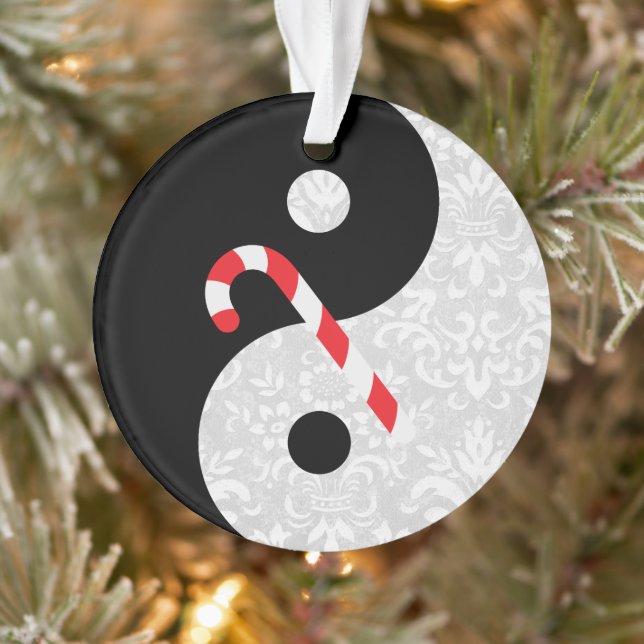 Black and White Faux Lace Yin Yang with Candy Cane Ornament (Tree)